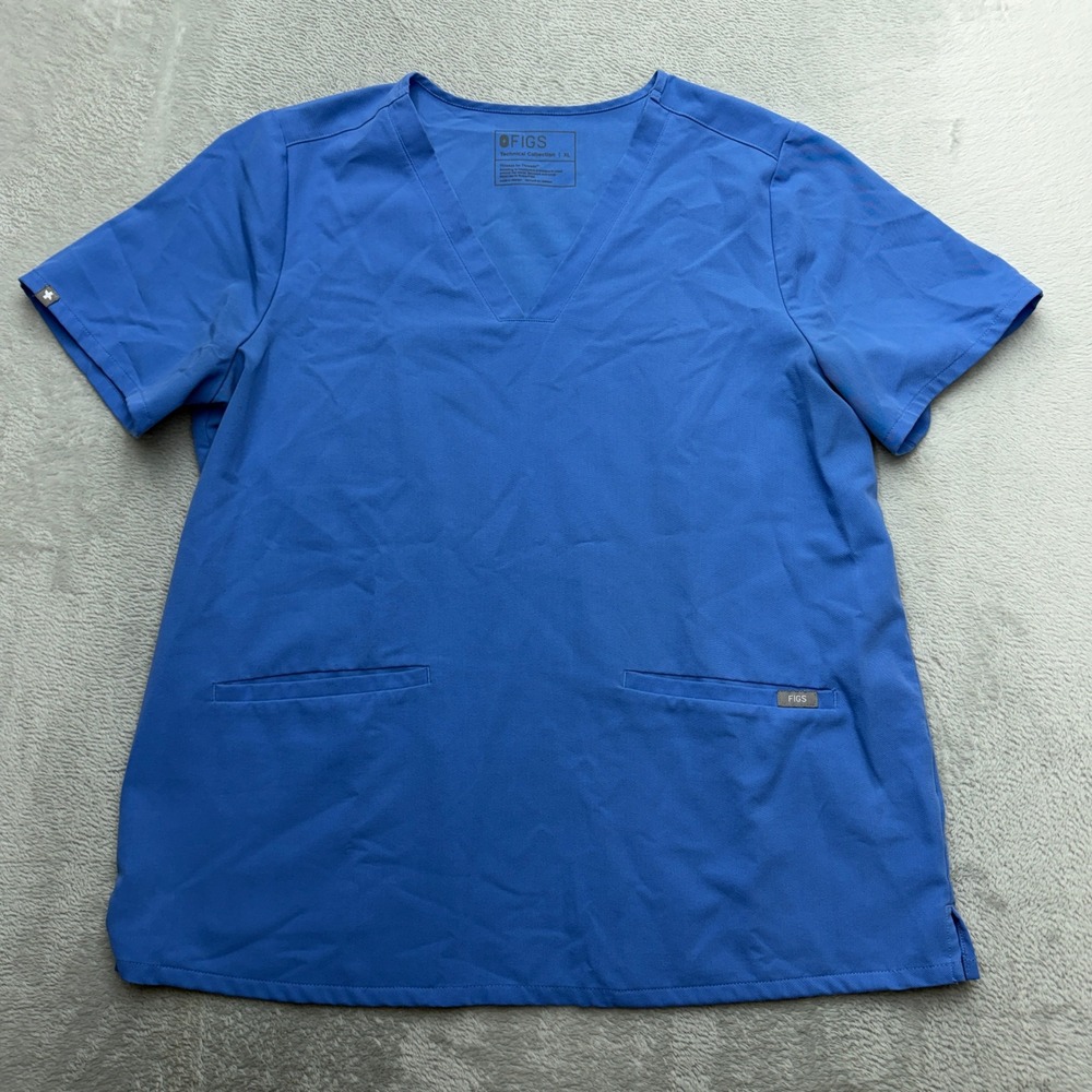 Figs Scrub Top Women XL Blue Technical Collection V-Neck Short Sleeve Pockets